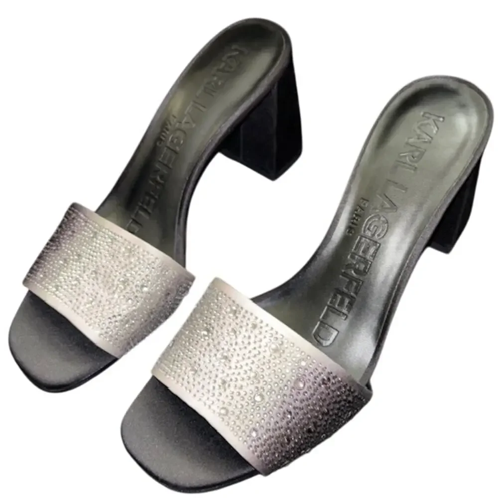NIB KARL LAGERFELD PARIS PERA RHINESTONE BLACK WHITE SLIDE SANDAL. 9 M Sparkly - Picture 2 of 12
